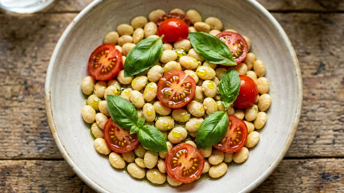 Lupini beans with cherry tomatoes and basil