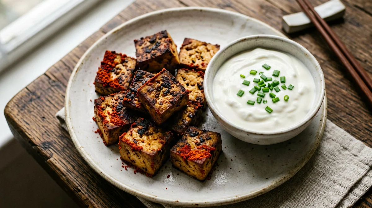 Bocconcini di tofu affumicato con salsa allo yogurt di soia