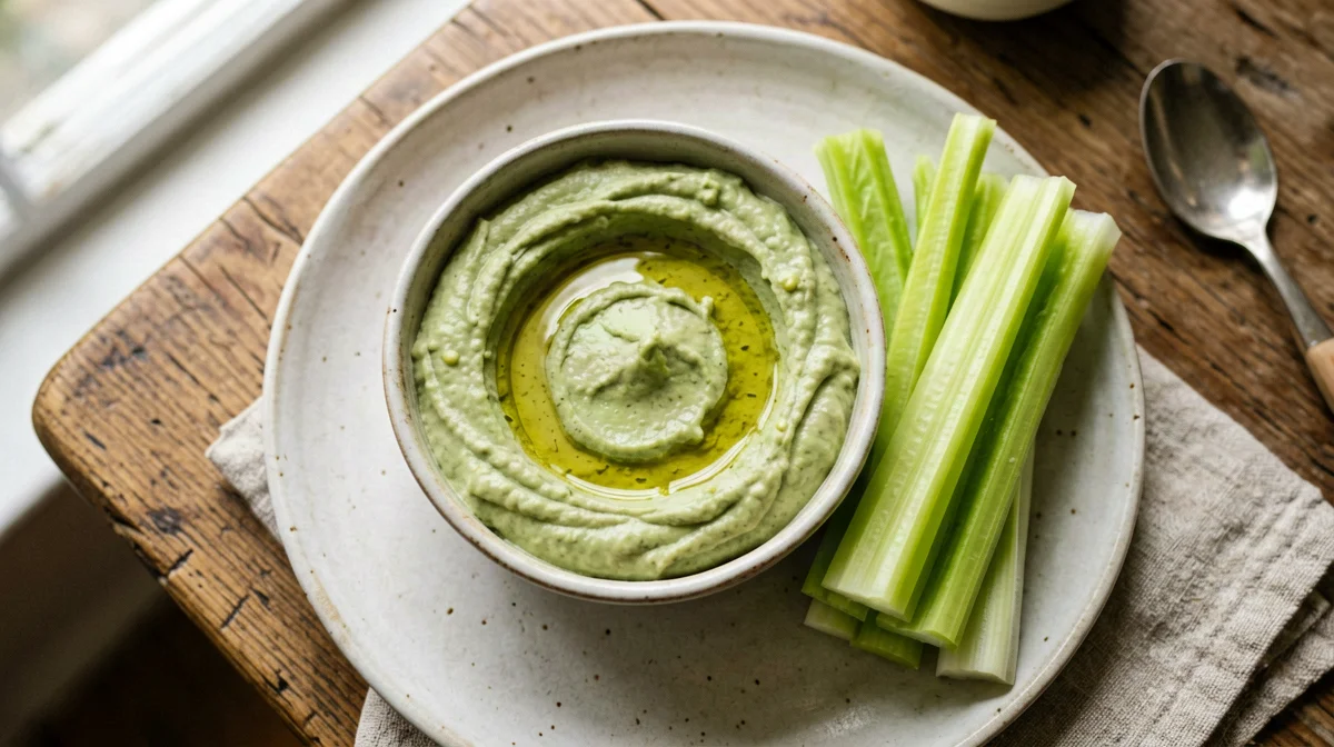 Hummus di edamame con bastoncini di sedano