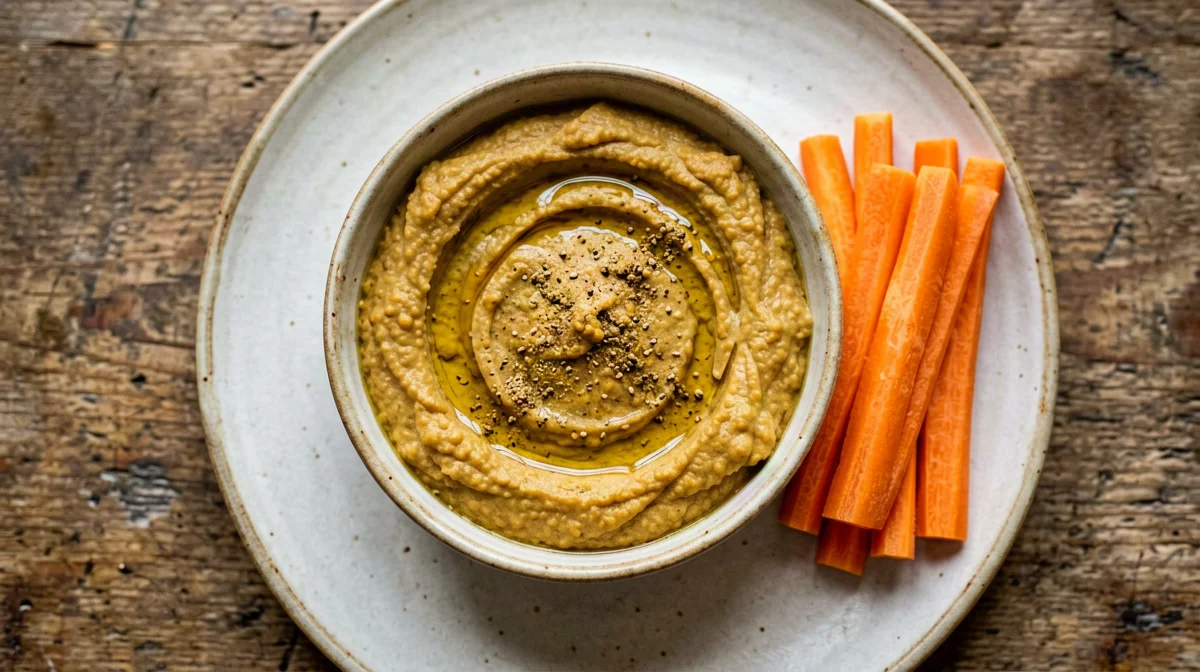 Cumin red lentil hummus with carrots
