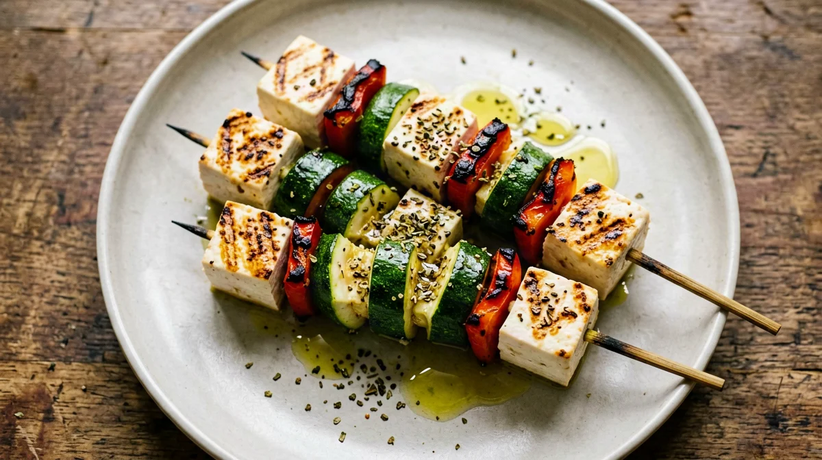 Spiedini di tofu, zucchine e peperoni