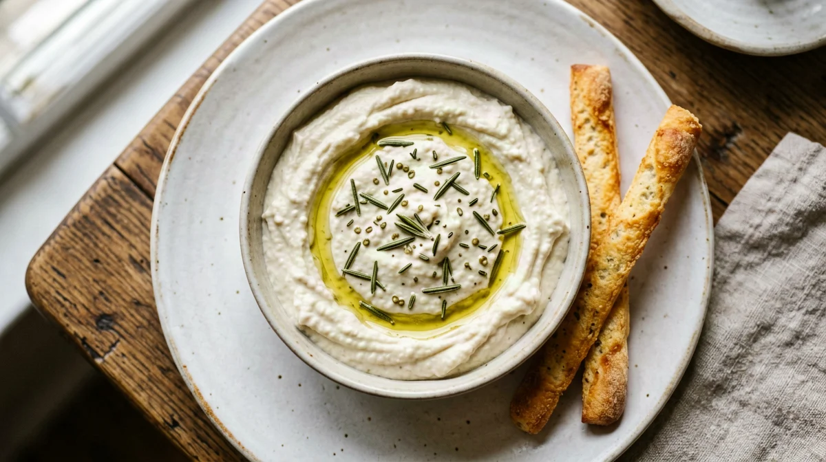 Crema di cannellini e quark al rosmarino con grissini