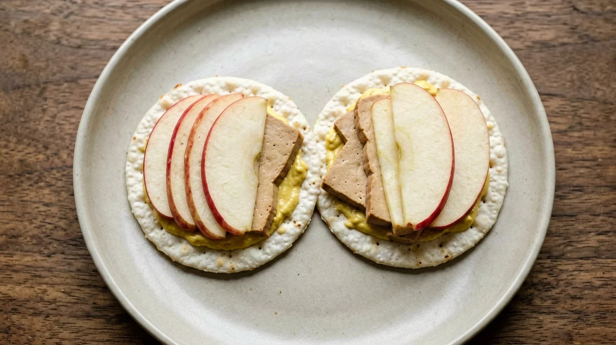 Rice cakes with smoked tofu, apple and mustard