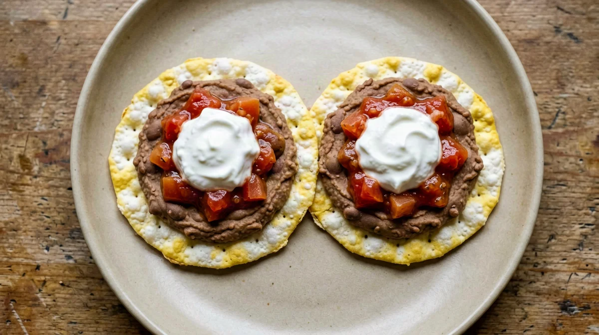 Corn cakes with refried beans and yogurt