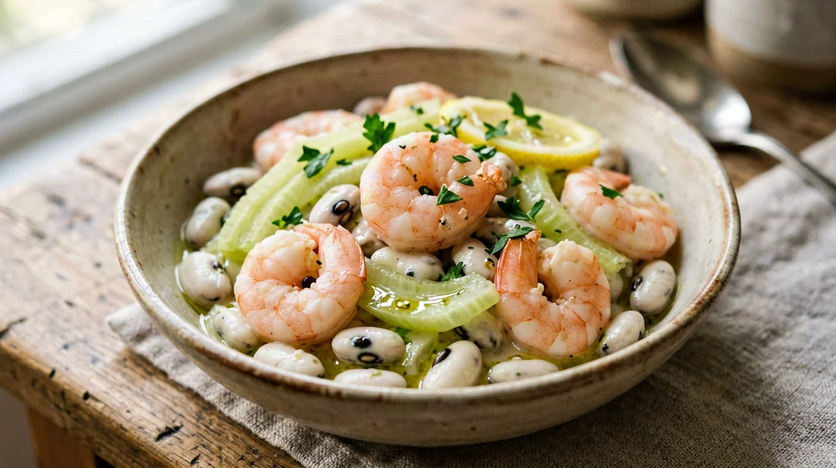 Black-eyed pea, prawn and celery salad