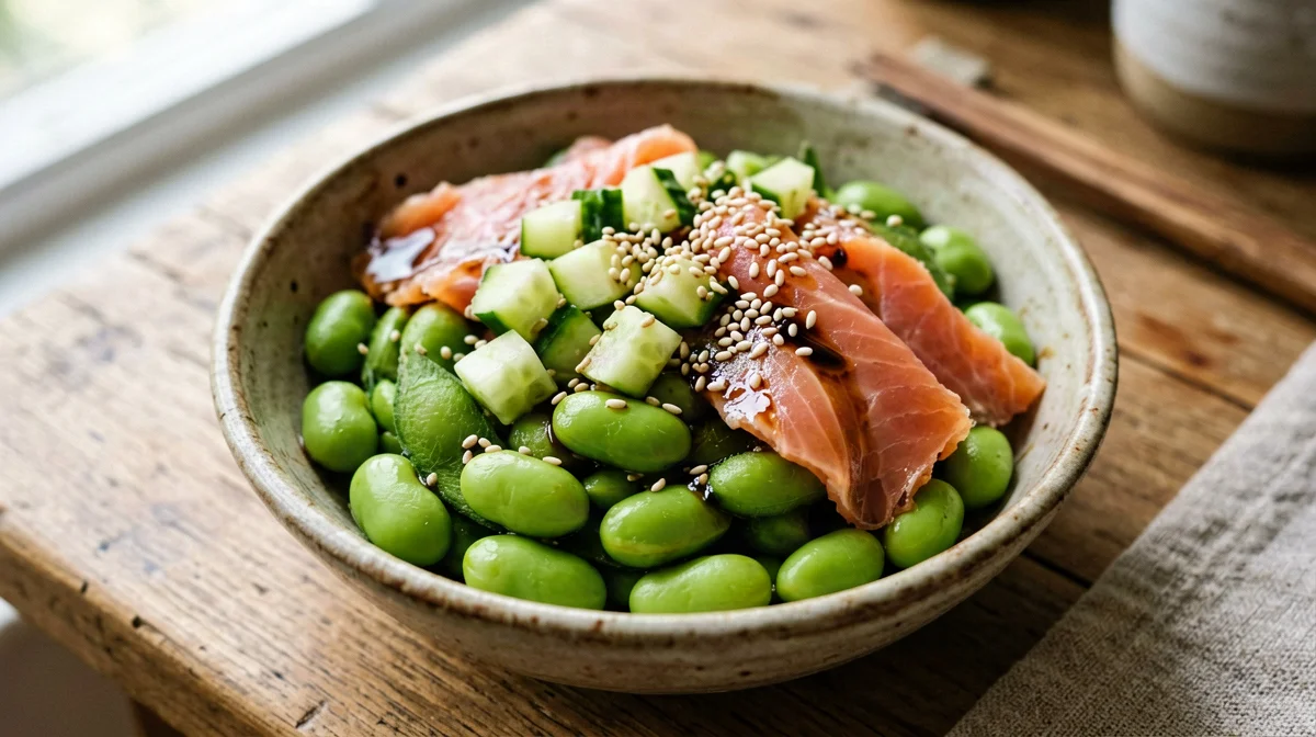 Coppetta di edamame e salmone affumicato