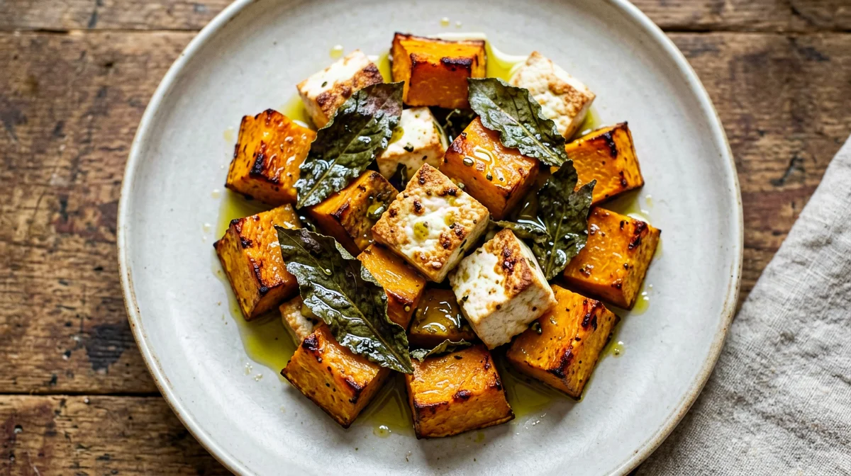 Roasted tofu and pumpkin cubes with sage