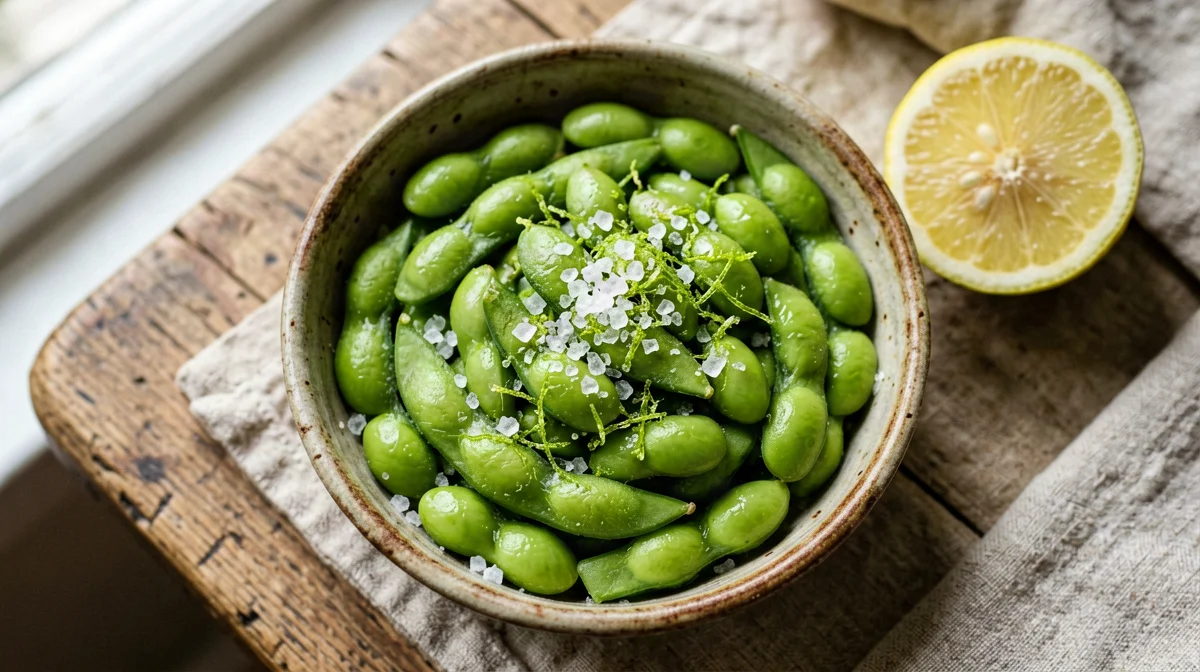 Edamame al vapore con sale grosso e scorza di lime