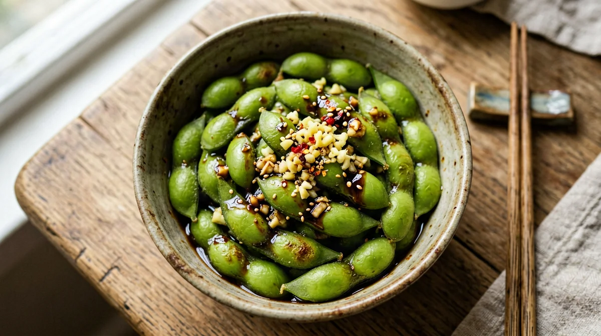 Edamame saltati con aglio, zenzero e tamari