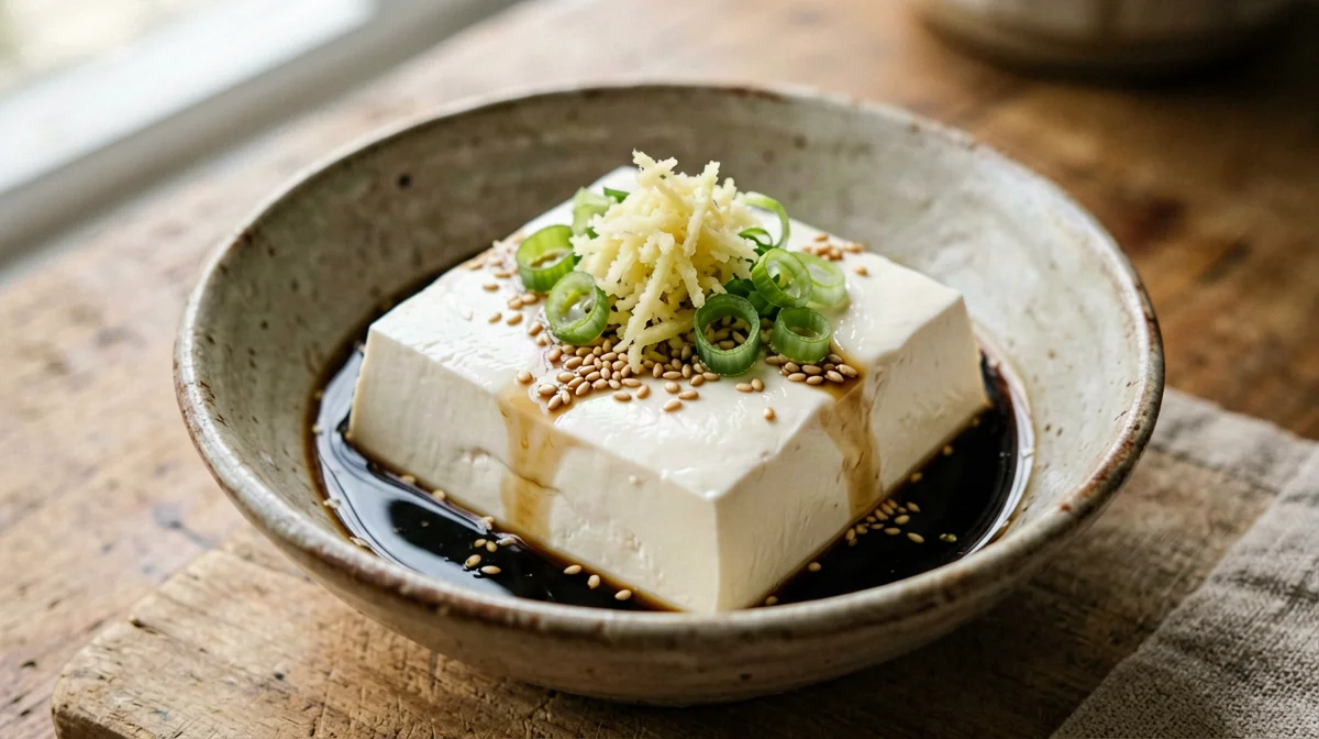 Chilled silken tofu with spring onion, ginger and tamari