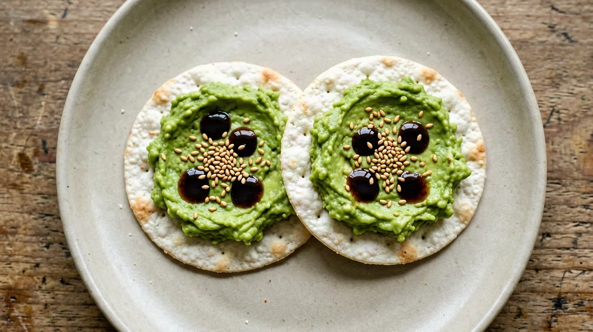 Gallette di riso con avocado, tamari e sesamo tostato