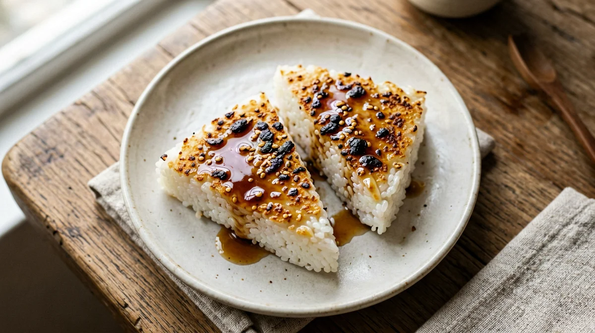 Miso-glazed grilled rice triangles