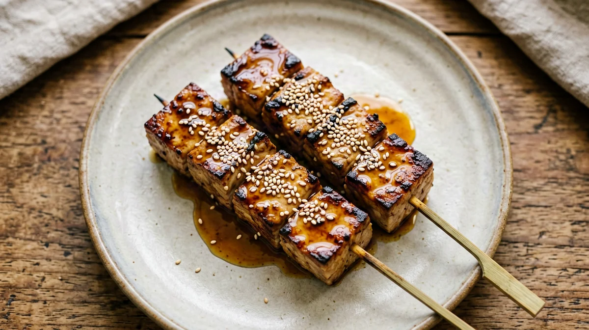 Spiedini di tofu affumicato glassati al miso e acero