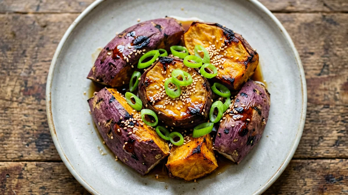 Cubotti di patata dolce al forno con miso e cipollotto