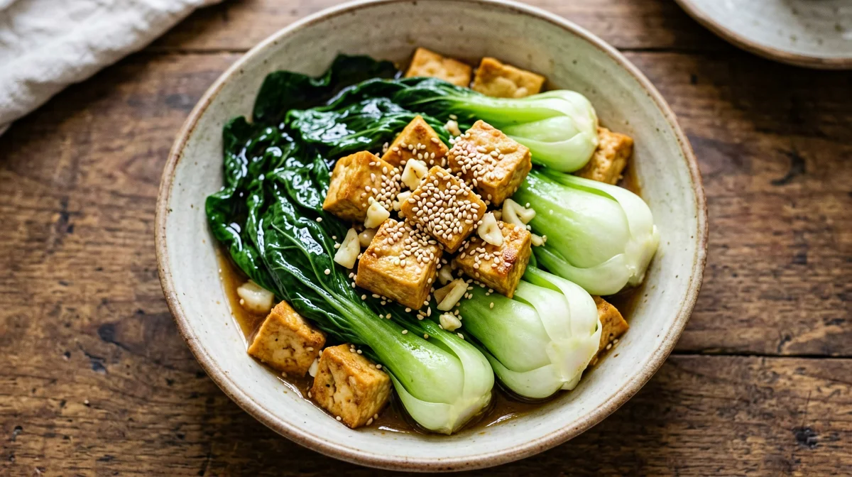 Stir-fried pak choi with tofu, garlic and sesame