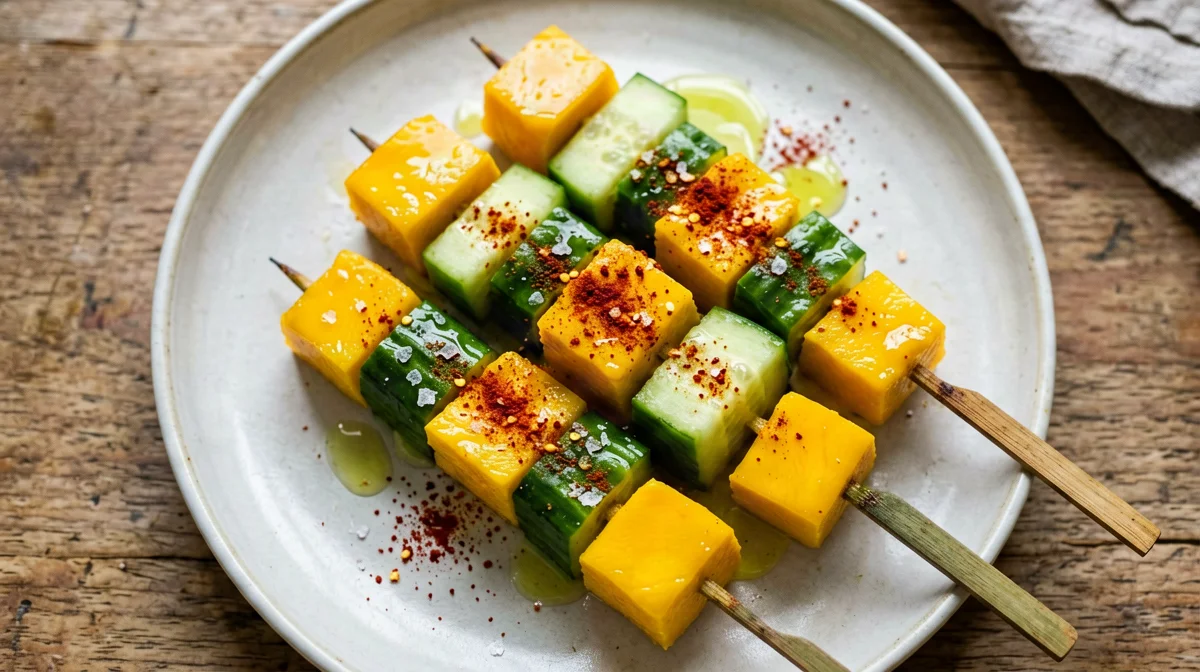 Spiedini di mango, cetriolo e peperoncino al lime