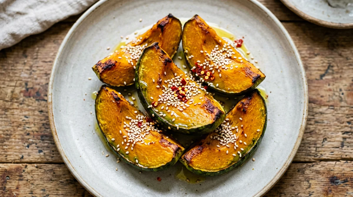 Roasted pumpkin wedges with sesame and chilli