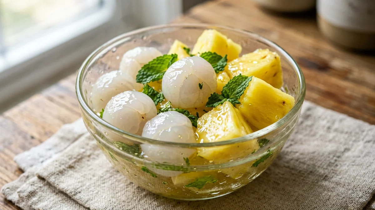 Lychee and pineapple cup with mint and lime