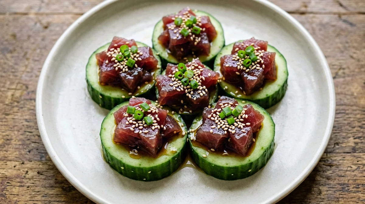 Sesame tuna tartare on cucumber rounds