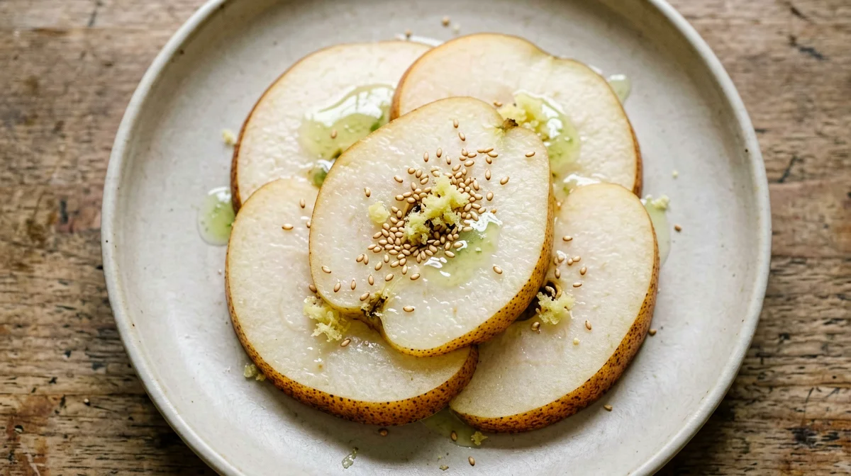 Sliced nashi pear with ginger, lime and sesame