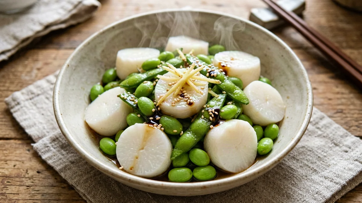 Castagne d'acqua ed edamame saltati allo zenzero