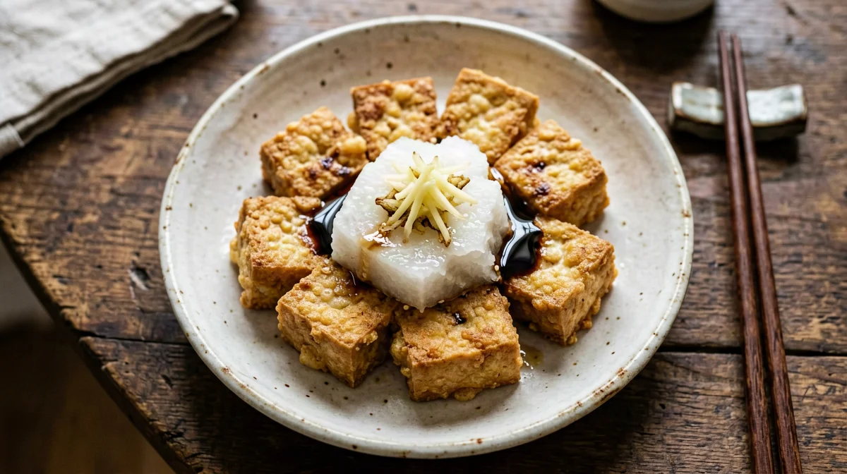 Crispy tofu cubes with grated daikon and ginger
