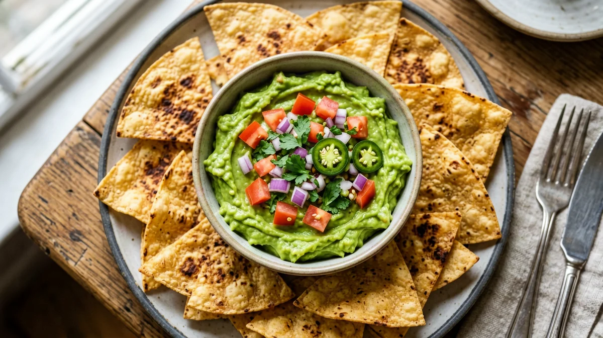 Lime guacamole with baked corn tortilla chips