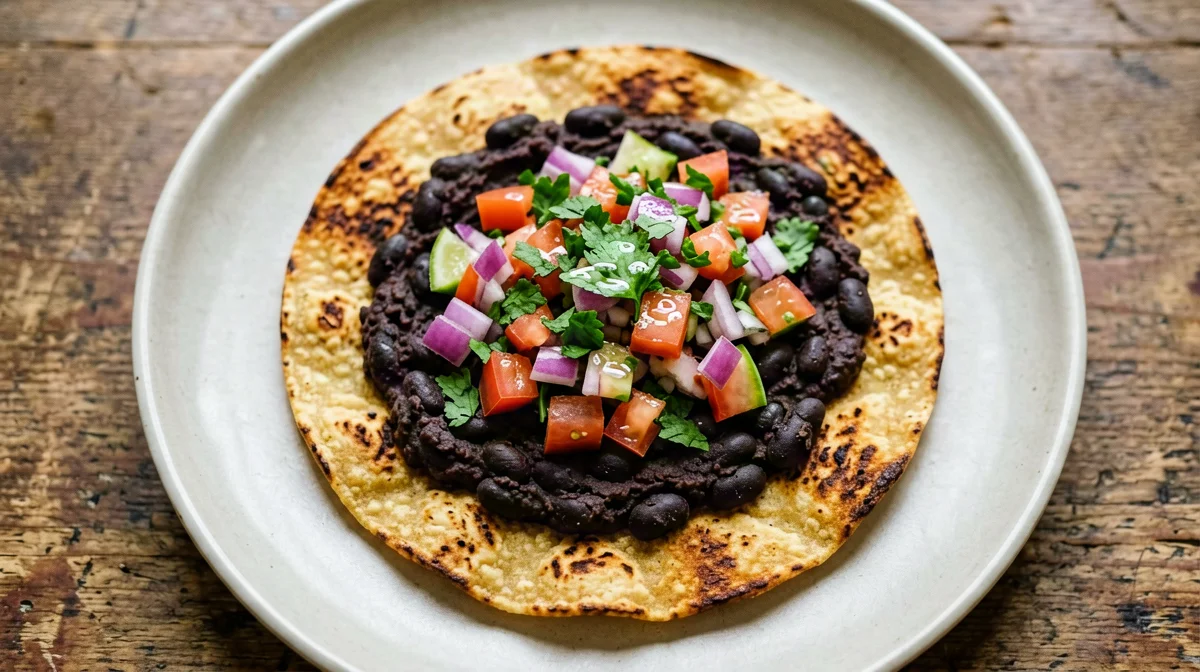 Tostadina di mais con fagioli neri e pico de gallo
