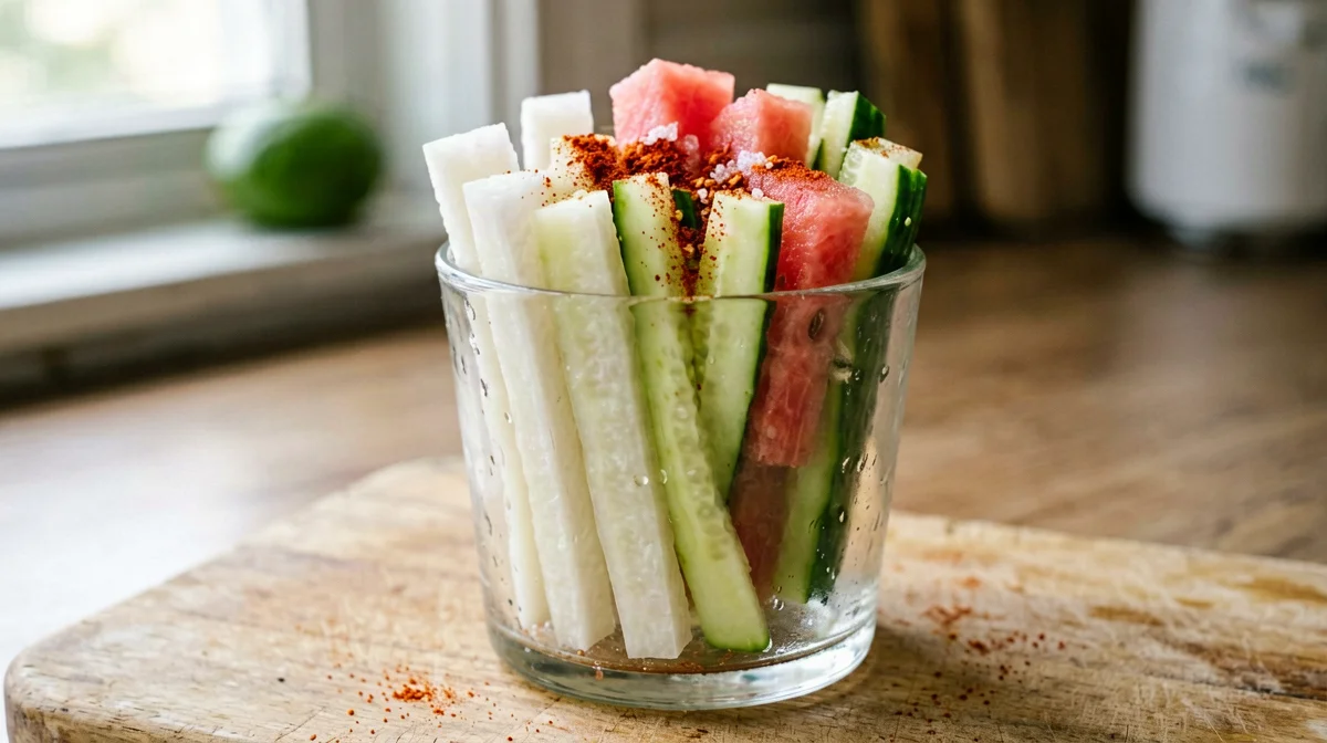 Bastoncini di jicama, cetriolo e anguria al lime e chili