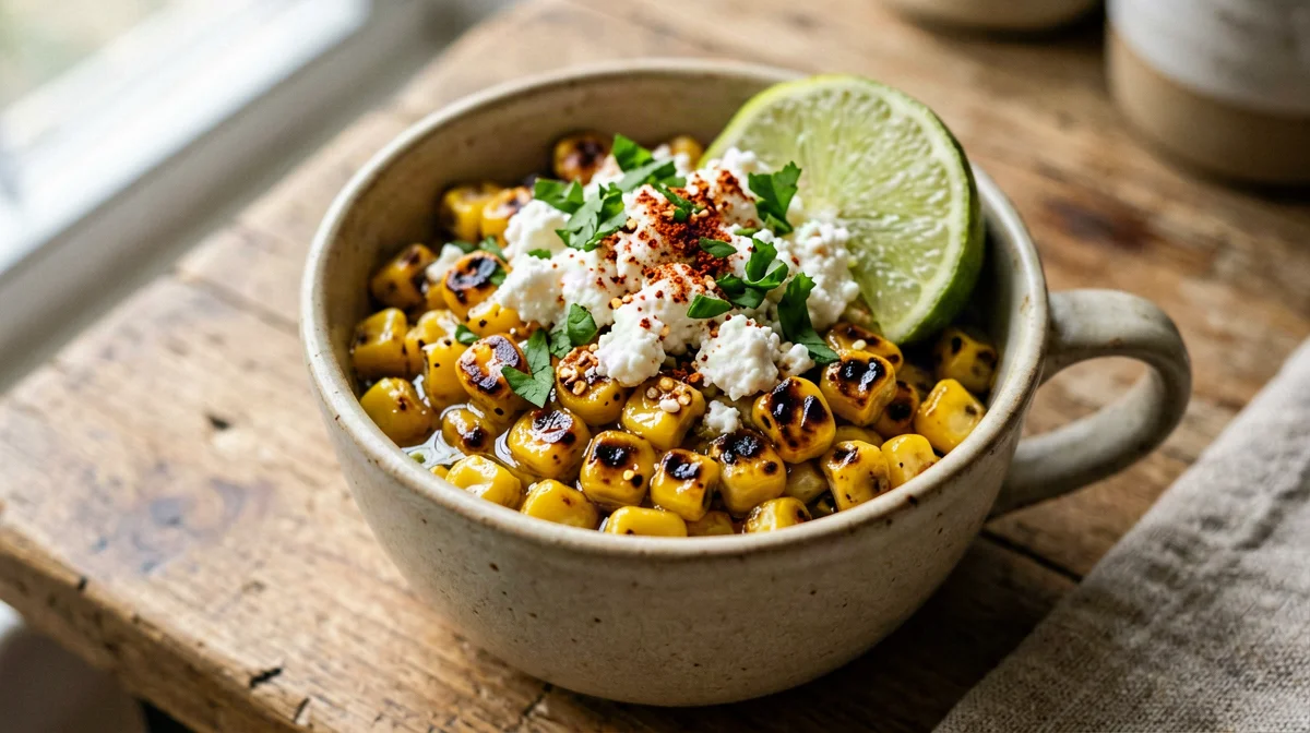 Esquites: toasted corn cup with queso fresco and lime