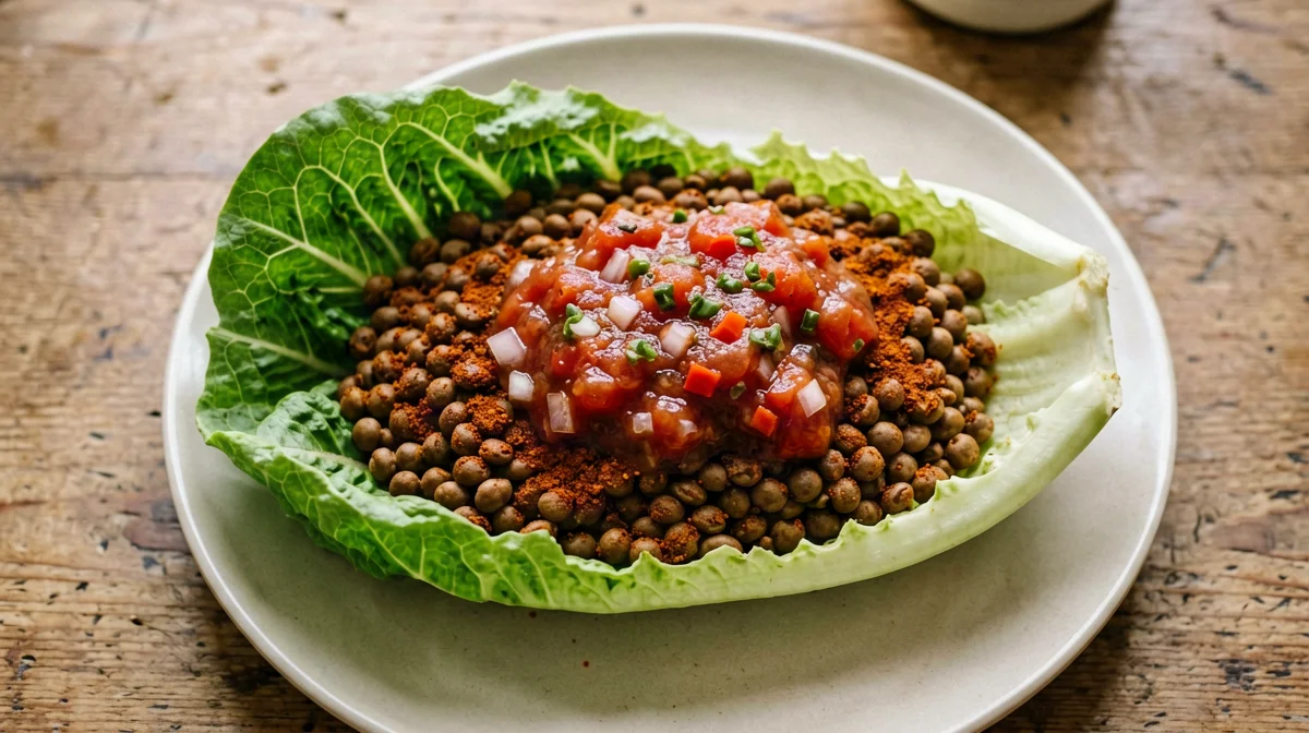 Tacos di lattuga con lenticchie speziate e salsa messicana