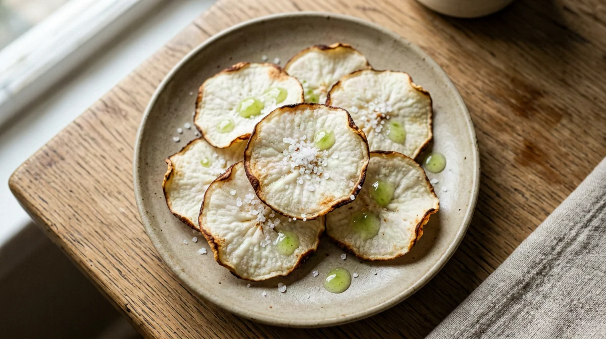 Baked cassava chips with lime and salt