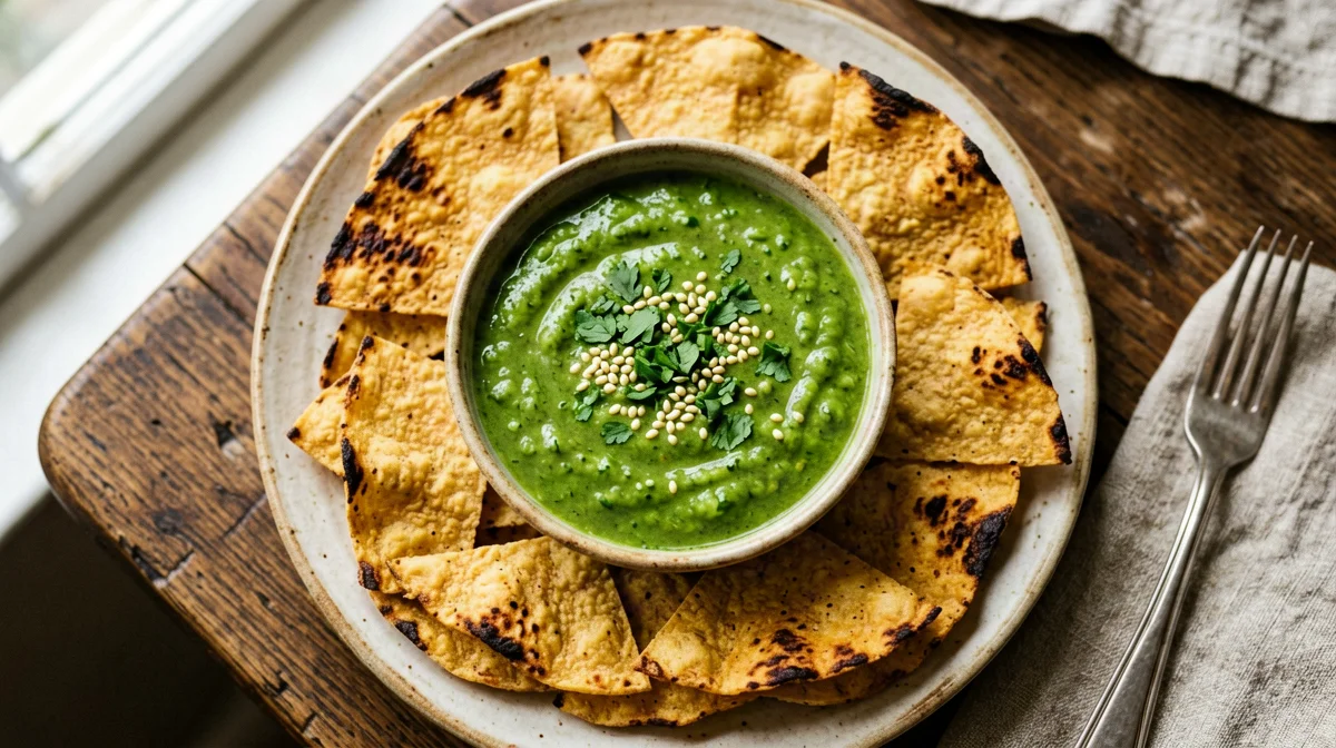 Tomatillo salsa verde with baked corn tortilla chips