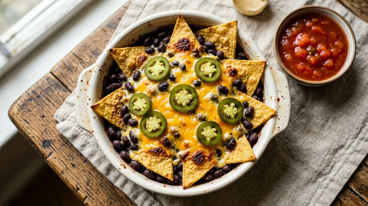 Baked nachos with black beans, cheddar and jalapeños