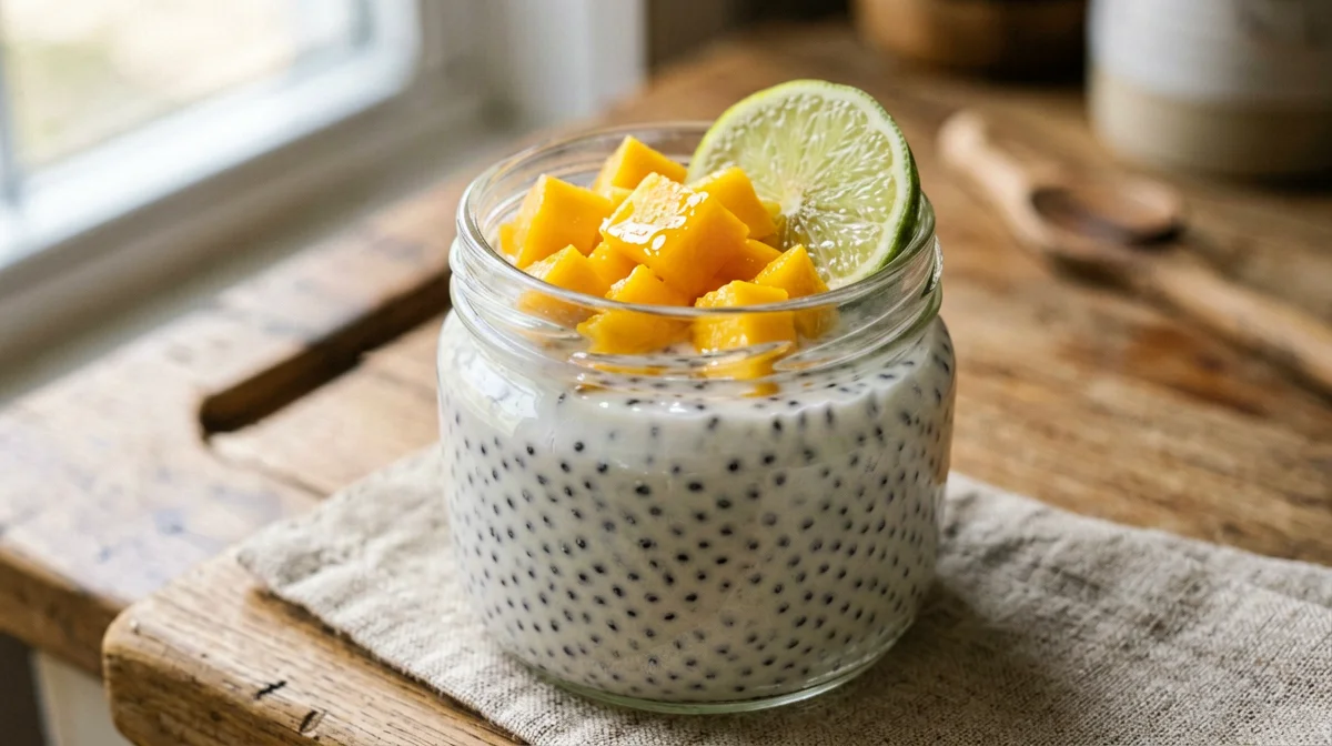 Coconut chia pudding with mango and lime