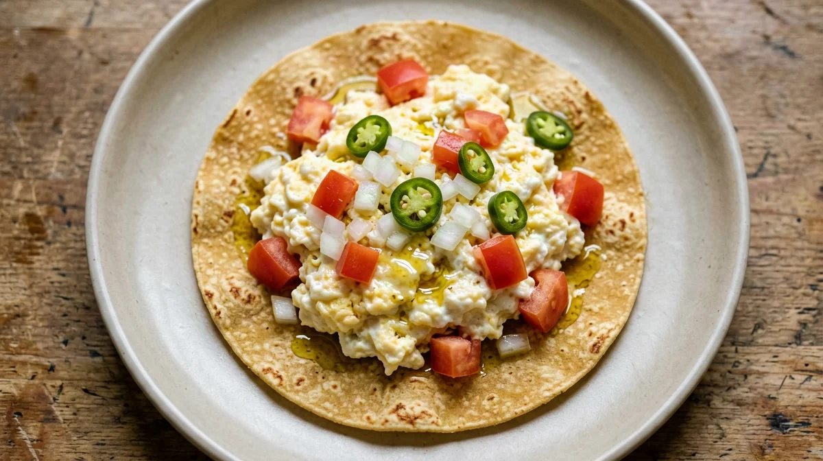 Uova strapazzate alla messicana su tortilla di mais