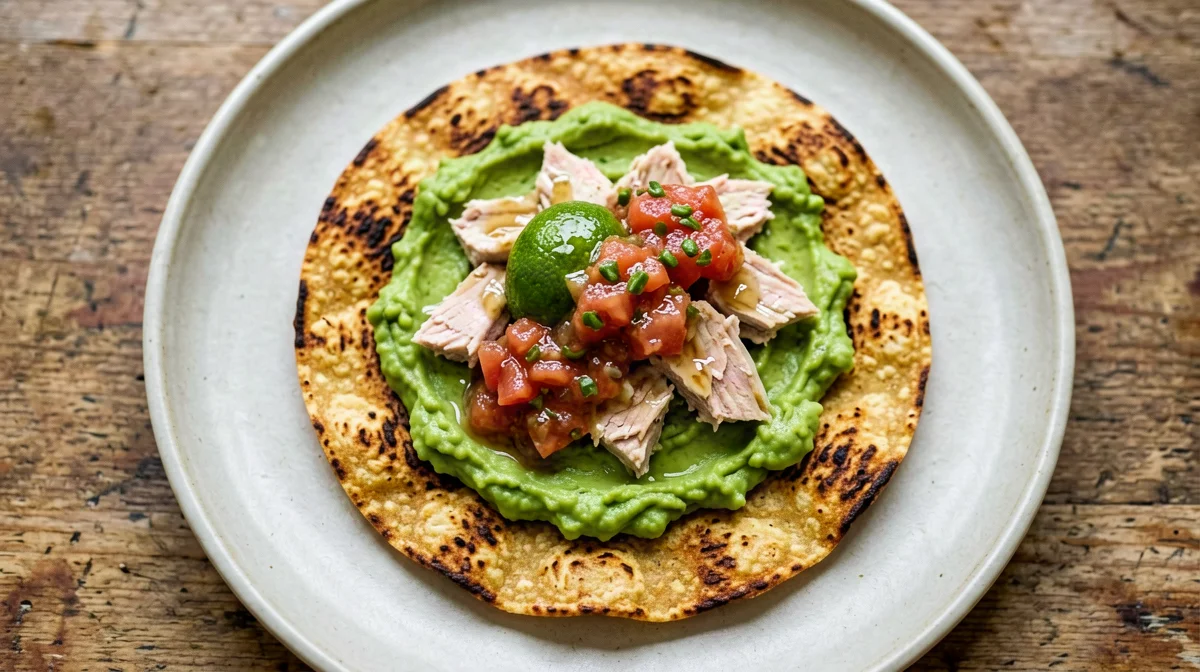 Tostada di mais con tonno, avocado e salsa messicana