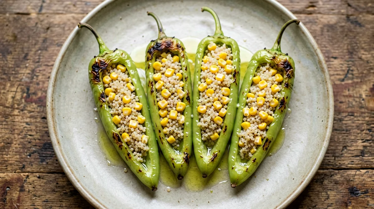 Friggitelli peppers stuffed with quinoa, corn and cumin
