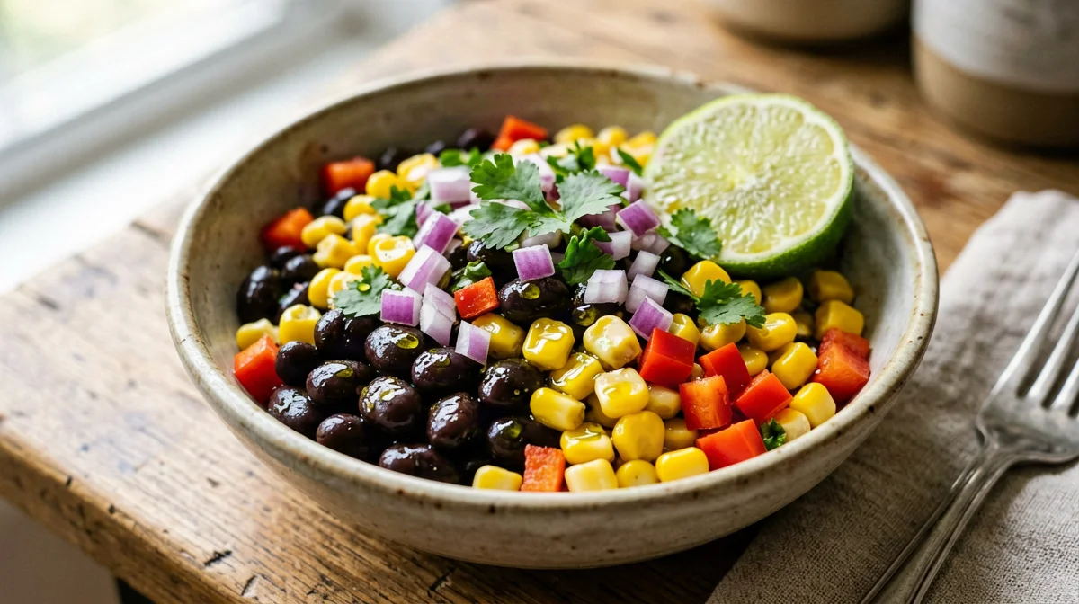 Insalatina di fagioli neri, mais e peperoni al lime