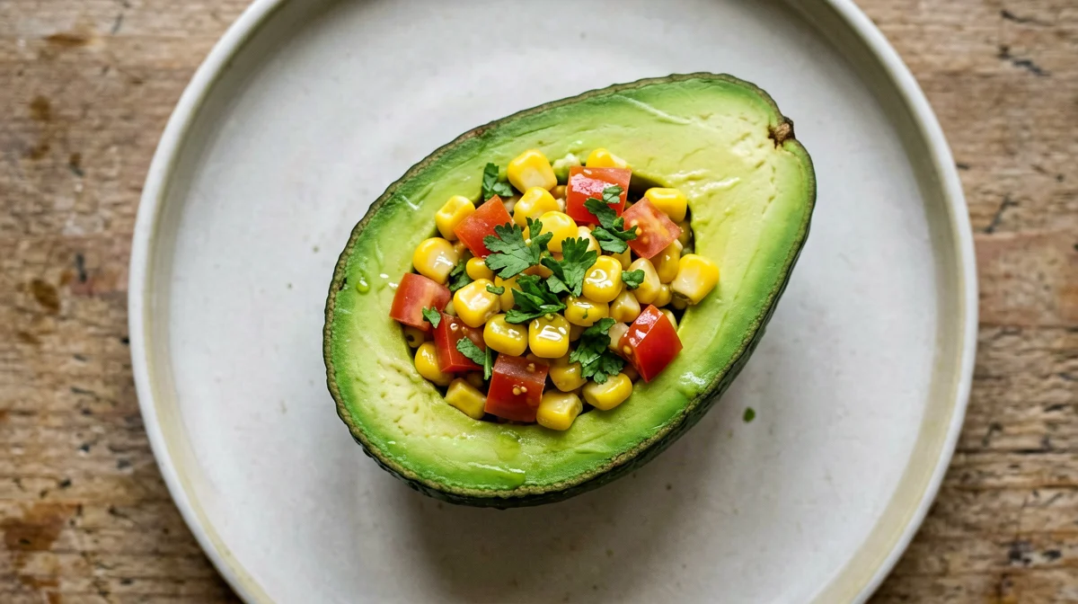 Half avocado stuffed with corn and cherry tomatoes