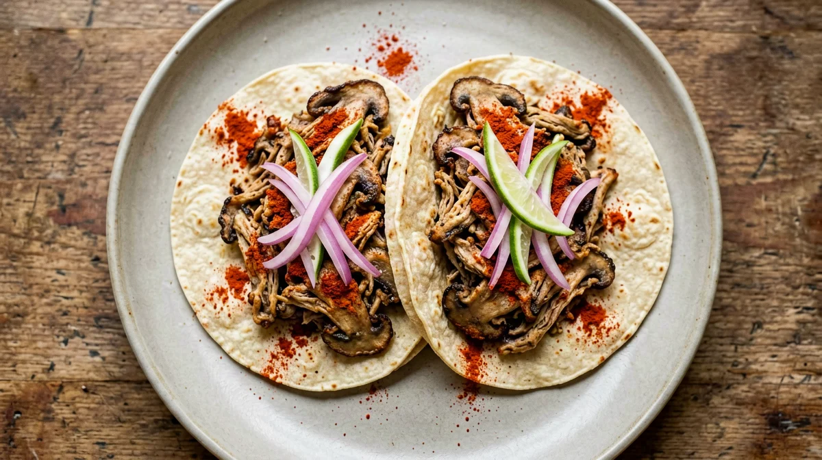 Tacos di mais con funghi pleurotus e cipolla rossa