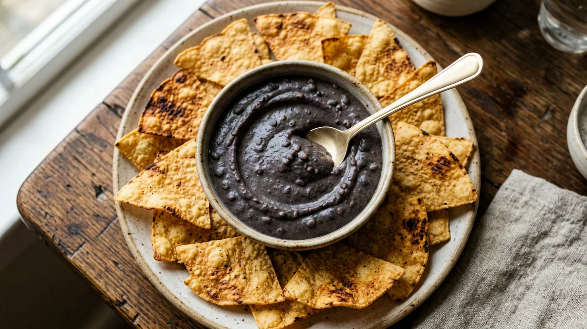 Cumin black bean dip with tortilla triangles