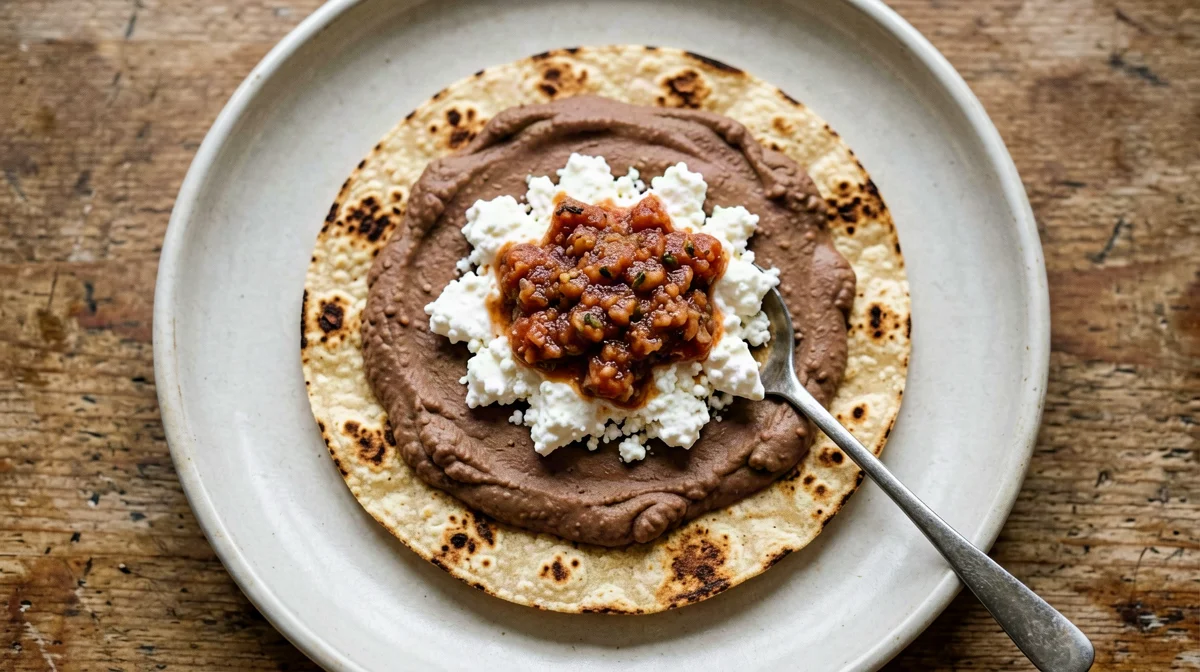 Tortilla di mais con fagioli refritos e queso fresco
