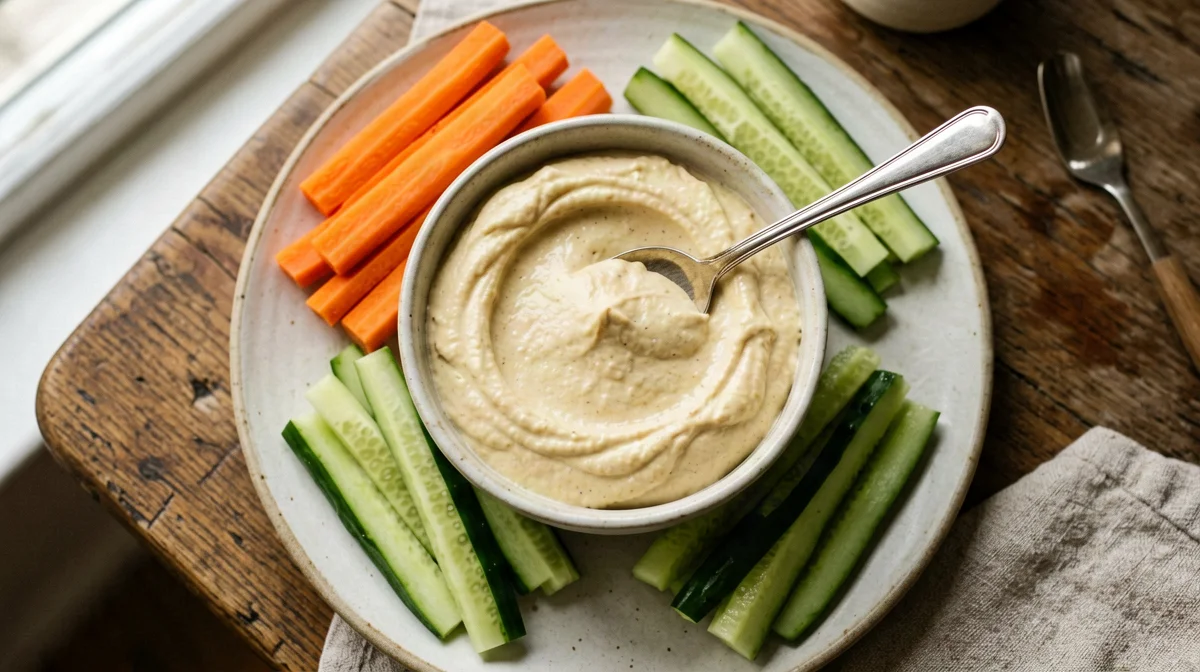 Hummus al limone fatto in casa con carote e cetriolo