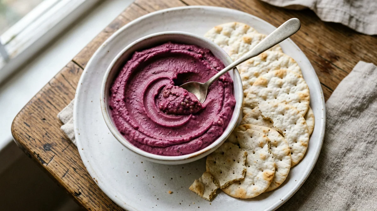 Pink beetroot and chickpea hummus with rice cakes