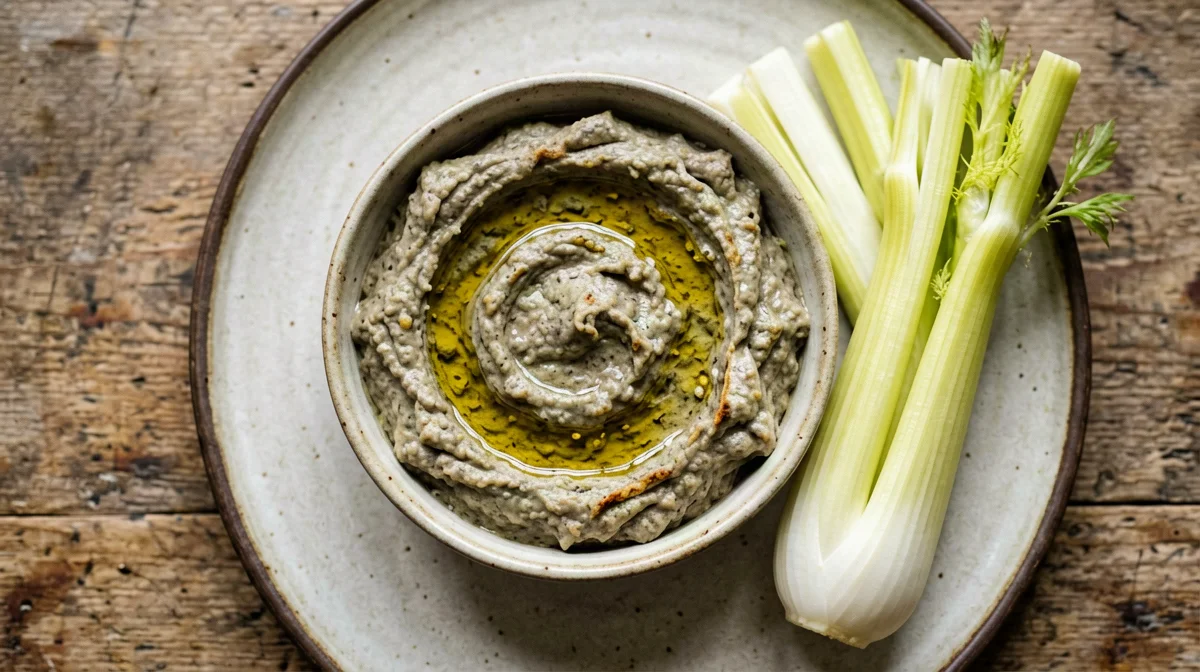 Baba ganoush affumicato con bastoncini di finocchio