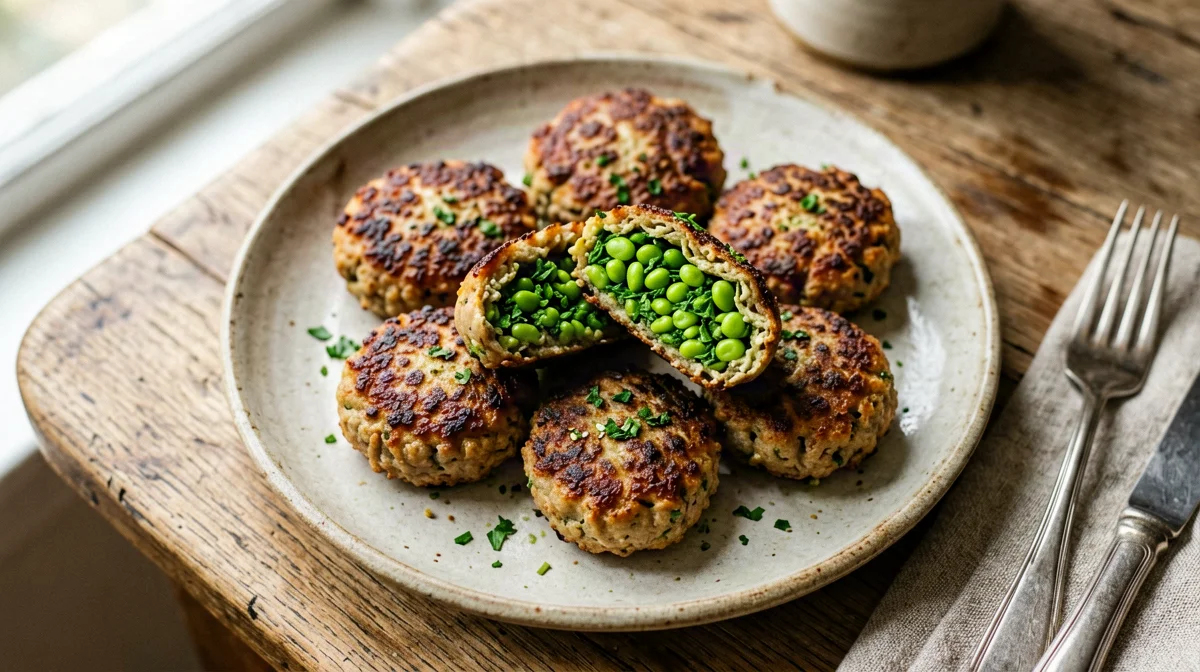Baked green edamame and herb falafel