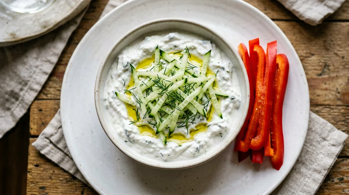 Fat-free Greek yogurt tzatziki with pepper sticks
