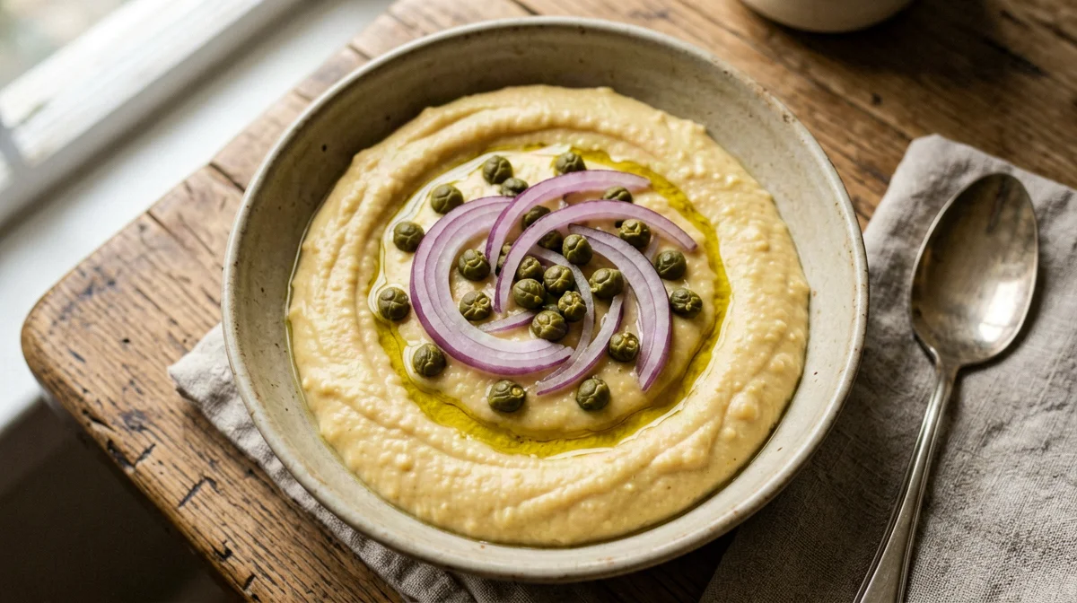 Fava greca di piselli spezzati con cipolla rossa e capperi