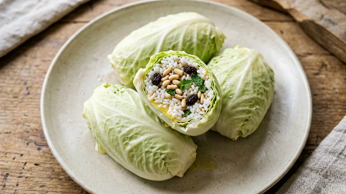 Involtini di verza ripieni di riso, menta e pinoli